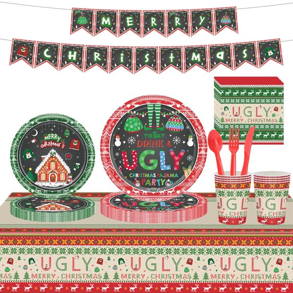 170 Pcs Christmas Tableware Disposable Party Supplies, Ugly Sweater Party Decorations Set with Plates and Napkins, Cups, Tablecloth Kit Serves 24 Guests for Xmas Holiday Party Disposable Supplies