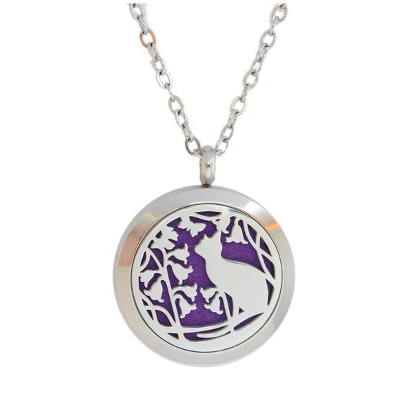 Aromatherapy Essential Oil Diffuser Stainless Steel 30MM Silver Magnetic Locket Pendant with Chain Necklace and Colored Refill Pads & Diffuser Bracelet All in a Velvet Bag (Cat)