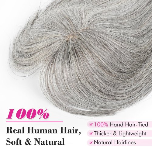 REECHO Hair Toppers for Women Real Human Hair, Hair Toppers with Bangs, Topper Hair Pieces for Women with Thinning Hair, Clip In Hair Topper Top Hair Extensions 10 Inch - Light Grey