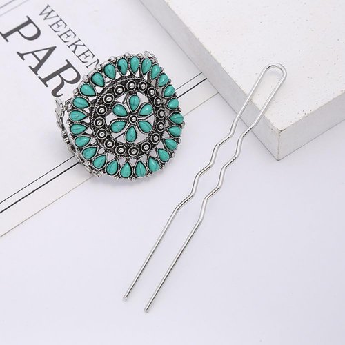 Metal U Shaped Hairpin 4" Vintage Hair Stick Boho Hair Fork Pin Man-made Turquoise Hair Clips Prong Updo Chignon Pin Hair Accessory for Women Girls Hairstyles