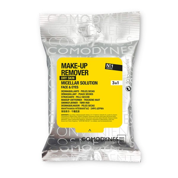 3 Pack COMODYNES Makeup Remover Towels Dry Skin 60 Wipes - Skin Care - The Wipes for Dry Skin Incorporate Skin-Friendly Active Ingredients and Natural Extracts with Nourishing Action