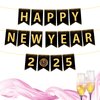 Happy New Year 2025 Banner, Pre-assembled Black Gold Glitter New Year Party Decorations Decor Indoor Party Supplies for Fireplace Mantle