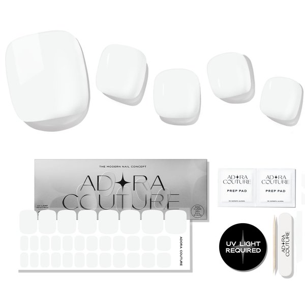 Adora Couture Semi Cured Gel Nail Strips Pedicure Stickers | 32pcs Glossy White Toe Nail Stickers | Gel Nail Pedi Strips | Gel Nail Wraps Semi Cured | Salon Nails at Home - Requires UV Light (White P)