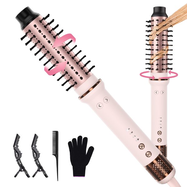 1.5 Inch Rotating Curling Iron Brush, Double PTC Heated Thermal Brush Tourmaline Ionic Round Brush, 3 in 1 Thermal Hair Brush Dual Voltage for Long Medium Hair, 3 Temperatures, 30S Fast Heating
