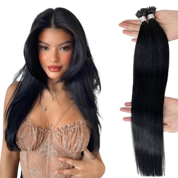 Misslala Itip Human Hair Extensions 20 Inch Jet Black Hair Extensions Pre Bonded Hair Extensions Color #1 Jet Black Keratin Bond Hair Extensions 0.8g/s 40g/50strands Thick Hair