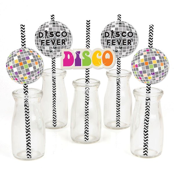 70's Disco - Paper Straw Decor - 1970's Disco Fever Party Striped Decorative Straws - Set of 24