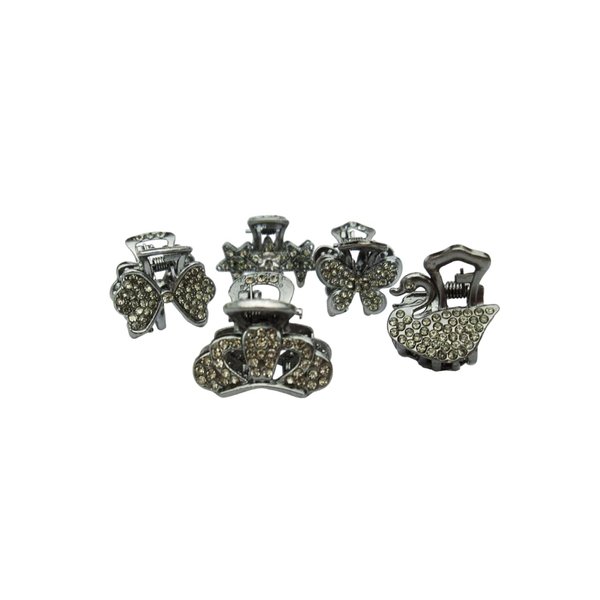 Small dark silver metal hair claw clip with crystals stocking stuffer gifts (Pattern: Swan)