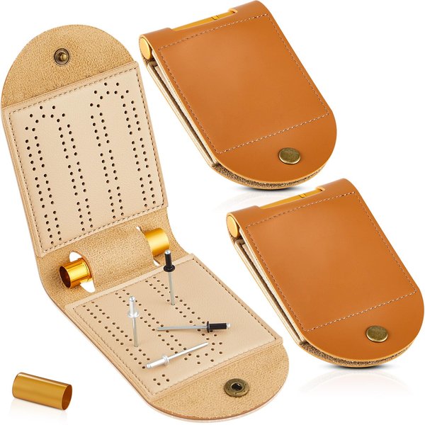 Liliful 2 Sets Portable Cribbage Board Game Set Leather Travel Cribbage Board Travel Games Each Set with 4 Metal Cribbage Board Pegs, 1 Mini Cribbage Board, 2 Track 1 Storage Slot