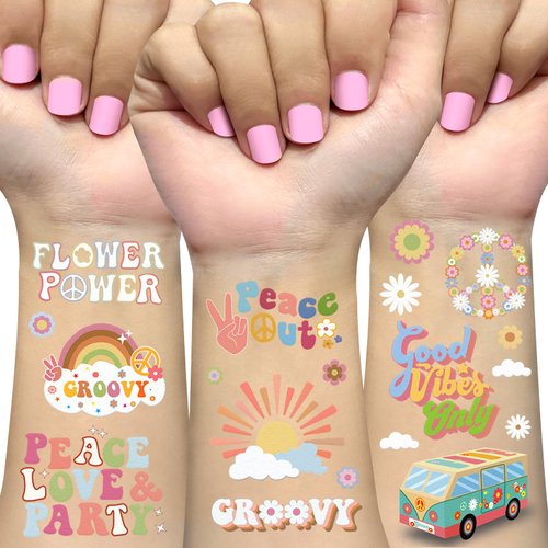 Ovasorve Groovy 70s Temporary Tattoos, 40 Giltter Styles Retro Hippie Party Decorations Flower Power Good Vibes Cute Tattoos Birthday Party Supplies,Two Groovy Party Favors