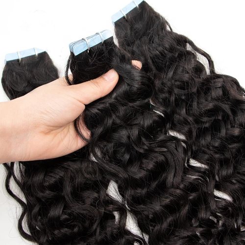 Water Wave Tape in Hair Extensions Brazilian Remy Hair Thick End #1B Black 22Inch Tape in Human Hair Extensions Curly Wave Invisible PU Tape on Hair Extensions Skin Weft Seamless 20pcs 50g