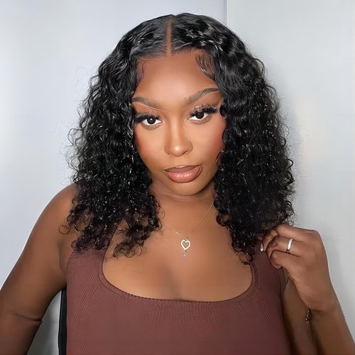 ISEE Hair Wear and Go Glueless Wigs Bob Wigs Human Hair Pre Plucked Water Wave Lace Front Wigs Human Hair Upgraded No Glue Transparent Lace Closure Wigs Human Hair for Women Natural Black 12 Inch