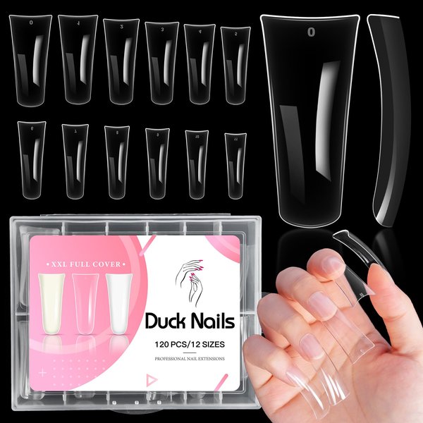 krofaue Extra Long Duck Nail Tips - XXL Clear Duck Nails 120pcs Full Cover Duck Tips 12 Sizes Crystal Duck Feet Style Curved False Nails Wide French Nail Tips Acrylic Nails Design for Y2k Nail Salon