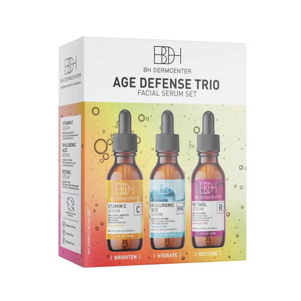 BH Dermcenter Age Defense Trio Anti-Aging Serum Set for Face and Eyes - Vitamin C, Retinol, Hyaluronic Acid Face Serum for Men and Women - 30ml Each - Paraben Free, Cruelty Free