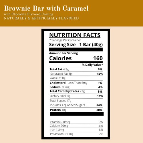 Nutmeg State Nutrition High Protein Snack Bar / Diet Bars - Brownie Bar With Caramel (7ct) - Trans Fat Free, Aspartame Free, Kosher, Gelatin Free