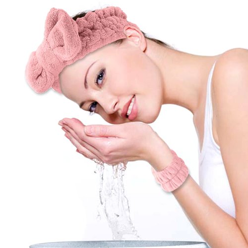 CHNLML Women Spa Headband Sponge,6PCS Bow Face Wash Headband and Wristband Set, Makeup Headband, Spa Headband,Makeup Headband, Skincare Headbands (6PSC-Pink+Purple)