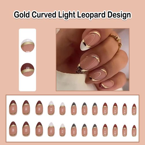 ANDGING French Tip Press on Nails Almond Short Fake Nails with Gold Curved Light Leopard Design Glue on Nails for Women Acrylic Gel Stick on Nails with Glue False Nails for Wedding Birthday 24Pcs L56