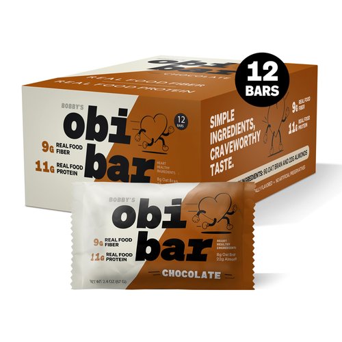 Bobby's obi bar Chocolate – Real Food Protein and Fiber | Heart Healthy Oat Fiber | Snack or Meal Replacement | Chocolate Brownie with Large Almond Chunks | Soy Free, Dairy Free, All Natural | Digestive Health | 2.4 oz bars, 12 Pack