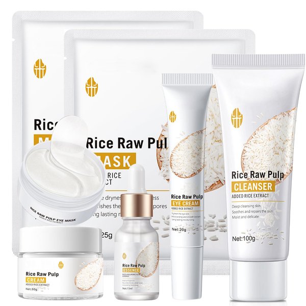 Rice Skin Care Set, 7Pcs Moisturizing Face Care Set for Women, Antioxidant, Improve Skin, Rice Raw Pule Facial Skin Care Sets with Rice Cleanser, Eye cream, Serum, Face Cream, Eye Mask, Facial Mask