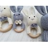 Natural Wooden Baby Toys Cotton Crochet Bunny Teething Ring Teether Rattle Set of 2 Newborn Unisex Baby (Grey Mama White Baby)