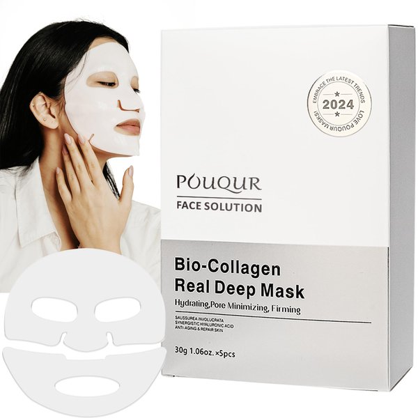 POUQUR 5PCS Bio-Collagen Real Deep Mask, Hydrating Overnight Hydrogel Mask, Anti-Aging,Pore Minimizing, Firming,Absorbs dirt deep inside face.
