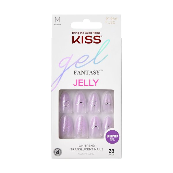 KISS Gel Fantasy, Press-On Nails, Nail glue included, 'One Day Jelly', Light Purple, Medium Size, Almond Shape, Includes 28 Nails, 2G Glue, 1 Manicure Stick, 1 Mini File