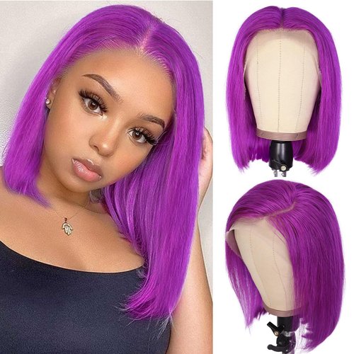 FAVE 12 Inch Bob Wig Human Hair 13x4 Bob Lace Front Wigs Human Hair 150% Density Glueless Wigs Human Hair Pre Plucked Pre Cut Charming Purple Human Hair Wigs for Black Women(Purple)