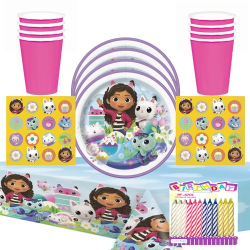 Gabby's Dollhouse Party Supplies Pack Serves 16: Gabbys Dollhouse Plates Napkins Cups and Table Cover - Includes Birthday Candles - Gabby Dollhouse Bundle for 16