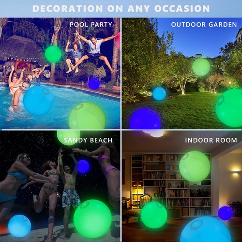 AUSTUFF 4 PCs LED Beach Ball Light Up Beach Balls Pool Balls Floating Inflatable LED Glow in The Dark Beach Ball with 7 Colors Changing Lights for Adults Pool Beach Party and Patio Garden Decorations