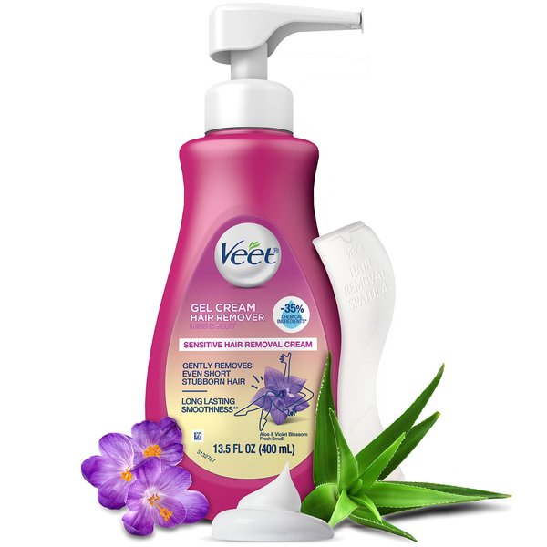 VEET Sensitive Skin Hair Removal Cream For Women, Painless Bikini Hair Removal Gel, Dermatologically Tested Depilatory Cream For Bikini Line, Legs, Arms, Underarms, 13.5 FL OZ Pump Bottle with Tool