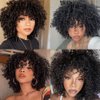 Daiaces Short Black Curly Afro Wigs with Bangs for Black Women, Black Afro Wigs Kinky Curly Full Wigs Synthetic Heat Resistant Wigs For African Women With Wig Cap (Black)