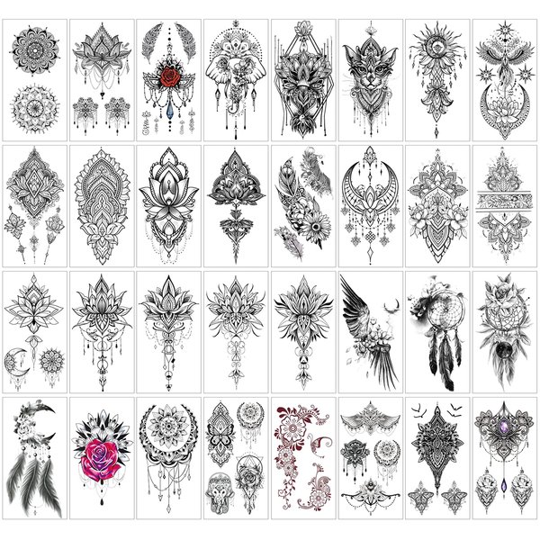32Sheets Women Temporary Tattoo Sticker,Henna Feather Mandala Datura Flowers Temp Tattoos For Women