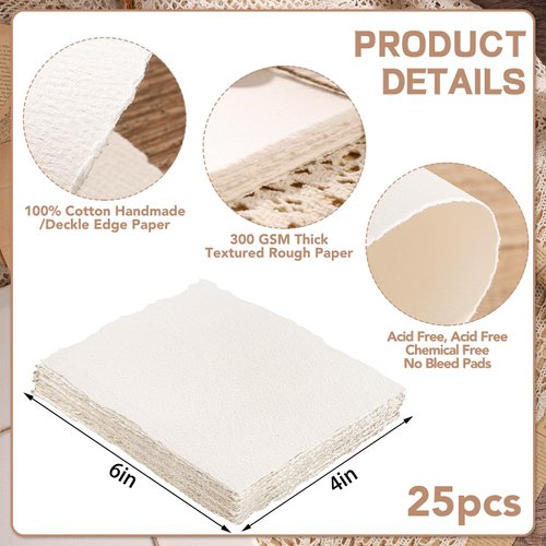 25 Sheets Watercolor Paper, 300 GSM Deckled Edge Paper 4 x 6 inch Rough/Textured Handmade Paper Cotton Paper White Textured Paper for Watercolors, Wedding Invitations, Cards, Crafts