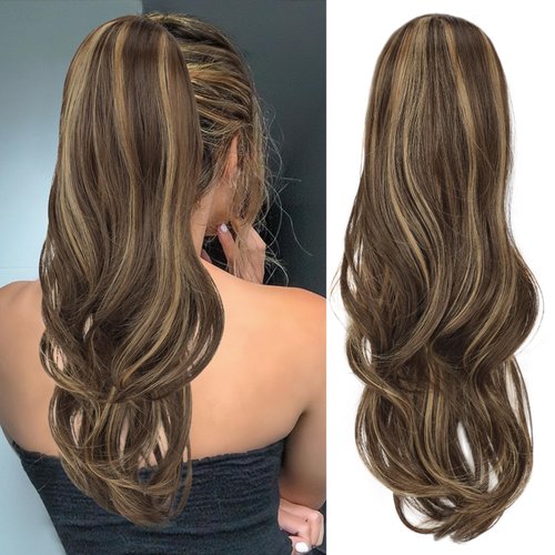KooKaStyle Ponytail Extensions, 22 inch Balayage Chocolate Brown with Highlights Long Drawstring Wavy Clip in Ponytail Hair Extensions Layered Synthetic Hairpiece for Women