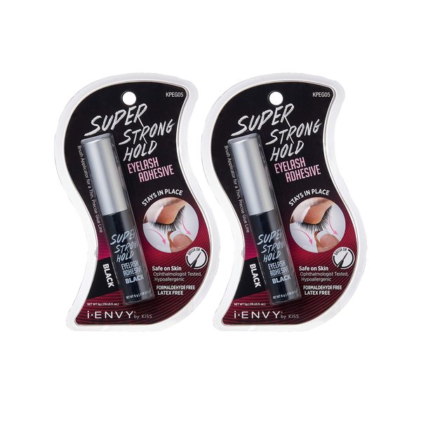 i-Envy by KISS Super Strong Hold Eyelash Adhesive Waterproof, Long-Lasting Strip Lash Glue, Natural-Looking Allergy & Latex Free with Brush Applicator (Black, 2 Pack)