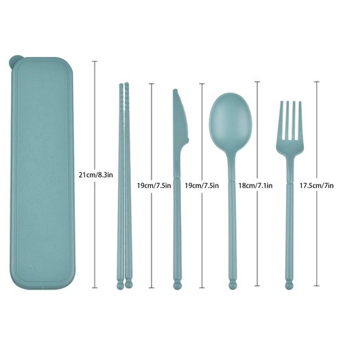 Camping Utensil Set, Reusable Utensils Set with Case, Plastic Cutlery Set Forks Spoon Tableware Chopsticks, Portable Cutlery Set for Travel Picnic Camping or Daily Use (Dark Green)