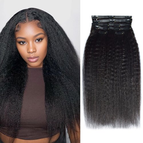 Clip in Hair Extensions Real Human Hair Clip ins Hair Extensions Kinky Straight 100% Brazilian Virgin Hair PU Seamless Clip in Hair Extensions Human Hair for Women Natural Black 110 Gram 6 Pcs 16 Inch