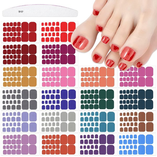 JERCLITY 440 Pieces 20 Sheets Bright Solid Color Toenail Wraps Toe Nail Polish Strips Self-Adhesive Full Nail Stickers Colorful Nail Art Decals Strips with Nail File for Women Girls Nail Art