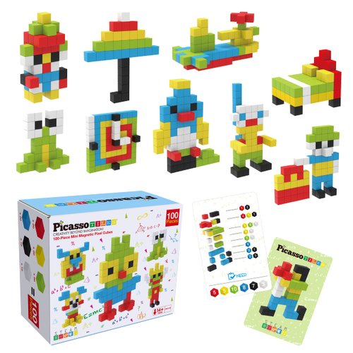 PicassoTiles 0.5” Pixel Magnetic Puzzle Cube 100 Piece Mix & Match Cubes Sensory Toys STEAM Education Learning Building Block Magnets Children Construction Toy Set Stacking Magnet Creative Kit PMC100