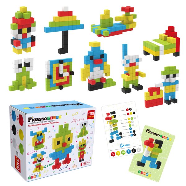 PicassoTiles 0.5” Pixel Magnetic Puzzle Cube 100 Piece Mix & Match Cubes Sensory Toys STEAM Education Learning Building Block Magnets Children Construction Toy Set Stacking Magnet Creative Kit PMC100
