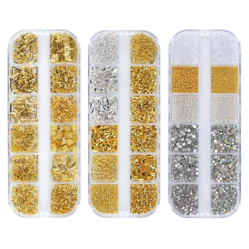 MEILINDS 36 Grids Nail Studs Gold Metal Nail Art Rivets Star Moon Beads 3D Nail Charms Rivet Punk Jewels Nail Art Supplies for Manicure DIY Nail Crafts Decoration 3 Boxes