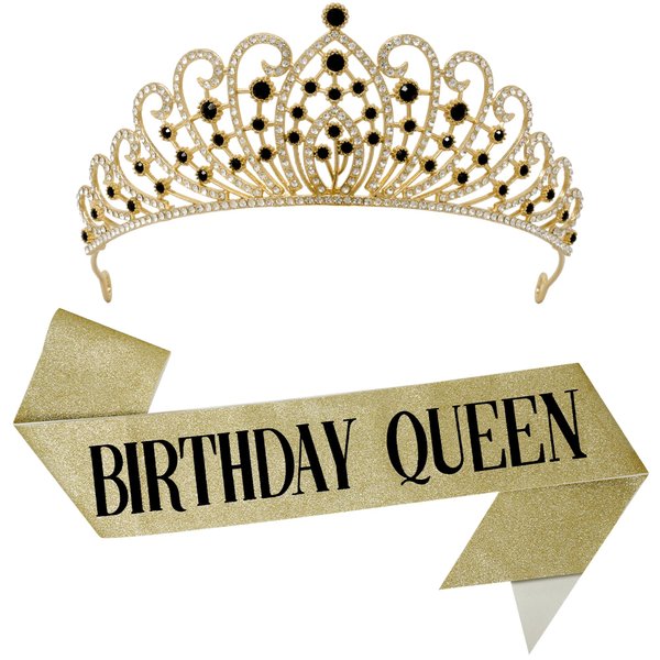 KatchOn, Gold Happy Birthday Sash and Tiara - Black Rhinestone Tiara Set | Birthday Crown and Sash for Women | Glitter Crystal Hair Accessory for Queen's Birthday | Women Birthday Decoration
