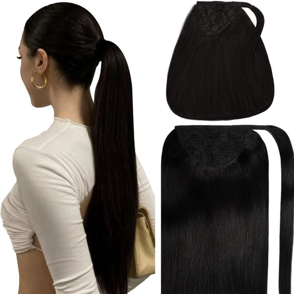 Caliee Ponytail Hair Extension Jet Black 16Inch 80G 100% Real Hair Ponytail Soft Skily Straight Wrap Around Ponytail Hair Extensions with Clip Pony Tails Hair Pieces for Adults Women