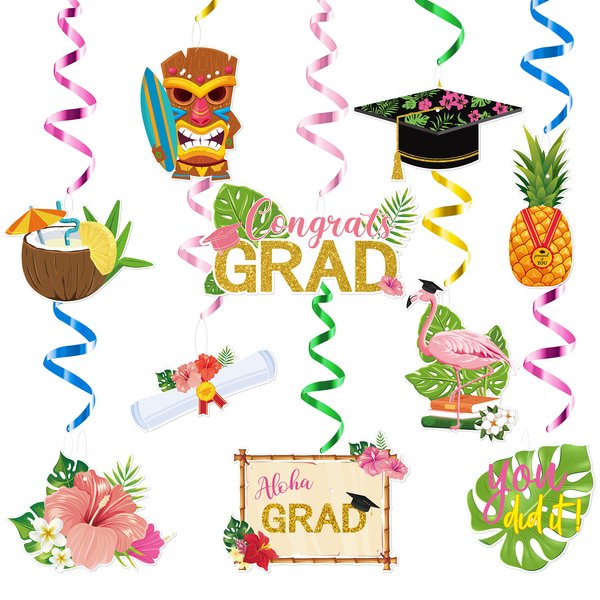 MALLMALL6 30Pcs Hawaii Graduation Party Swirl Decorations Hanging Grad Swirl with Palm Leaves Pineapples Caps Flamingos, Ceiling Foil Streamers for Graduates Party Decor Supplies Accessories