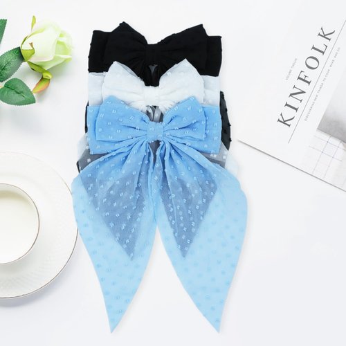 GOORAIFU Hair Bows for Women, 3pcs Black White Blue Hair Clips Girls, Hair Barrettes with Long Tail Chiffon Ribbons Cute Hair Accessories