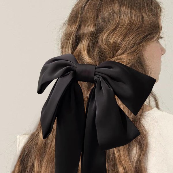 Big Bow Hair Clip for Women, Long Tail French Silk Black Bow Hair Clip, Suitable Hair Accessories for Ladies And Girls