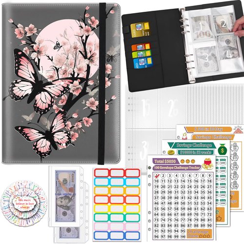 100 Envelopes Money Saving Challenge Binder, A5 Budget Binder with 25 pcs Cash Envelopes, 3 pcs Reusable Laminated Trackers Saving $5050, $500, $10000, Money Organizer,Cherry Blossom Butterflies
