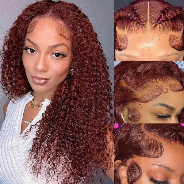 JKD Reddish Brown Lace Front Wigs Human Hair 13x4 Reddish Brown Curly Lace Front Wig Human Hair 180% Density for Women Auburn Deep Wave Wigs Copper Red Glueless Curly Wig Pre Plucked 18 Inch