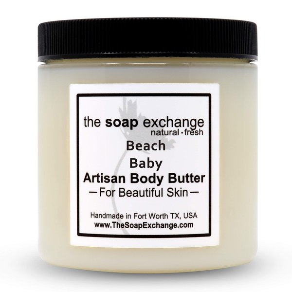 The Soap Exchange Body Butter - Beach Baby Scent - Hand Crafted 4 fl oz / 120 ml Natural Artisan Skin Care, Shea Butter, Aloe Vera, Nourish, Moisturize, & Protect. Made in the USA.