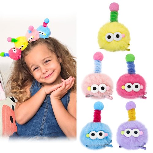Z-CHARMMY Fluffy Pom Poms Hair Clip for Girls, Cartoon Hair Barrettes for Kids, Colorful Hair Clips for Toddler, Quirky Little Monster Hair Accessory, 5 Pieces