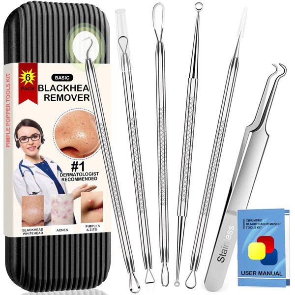 Blackhead Remover Tools, Blackhead Extractor, 6 Pack Pimple Popper Tool Kit for Removing Blackhead, Whitehead, Pimple, Acne, Zit, Comdone, Pores, Fat Granules on Nose, Face - with Organized Case